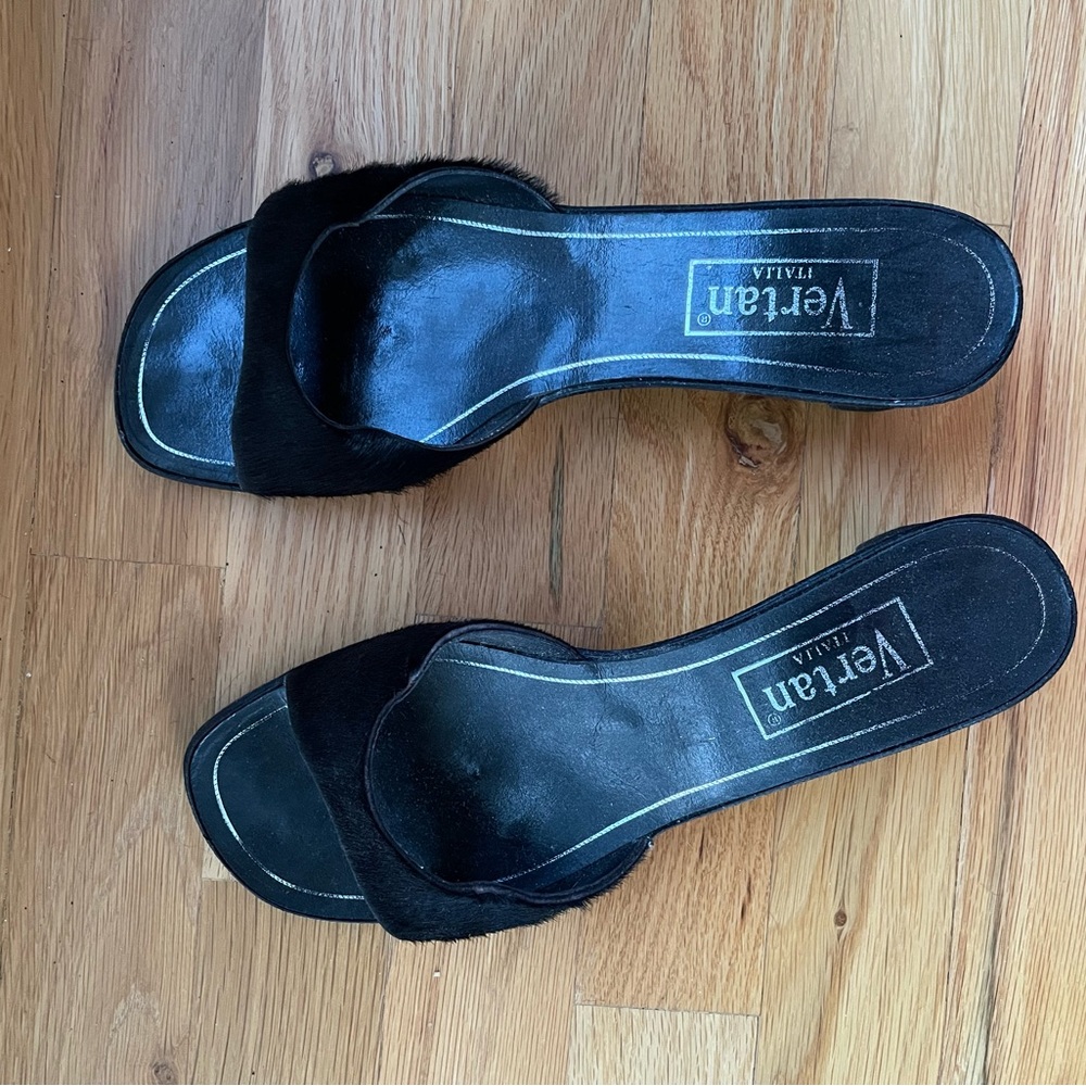 Vertan black calf hair slip on sandals